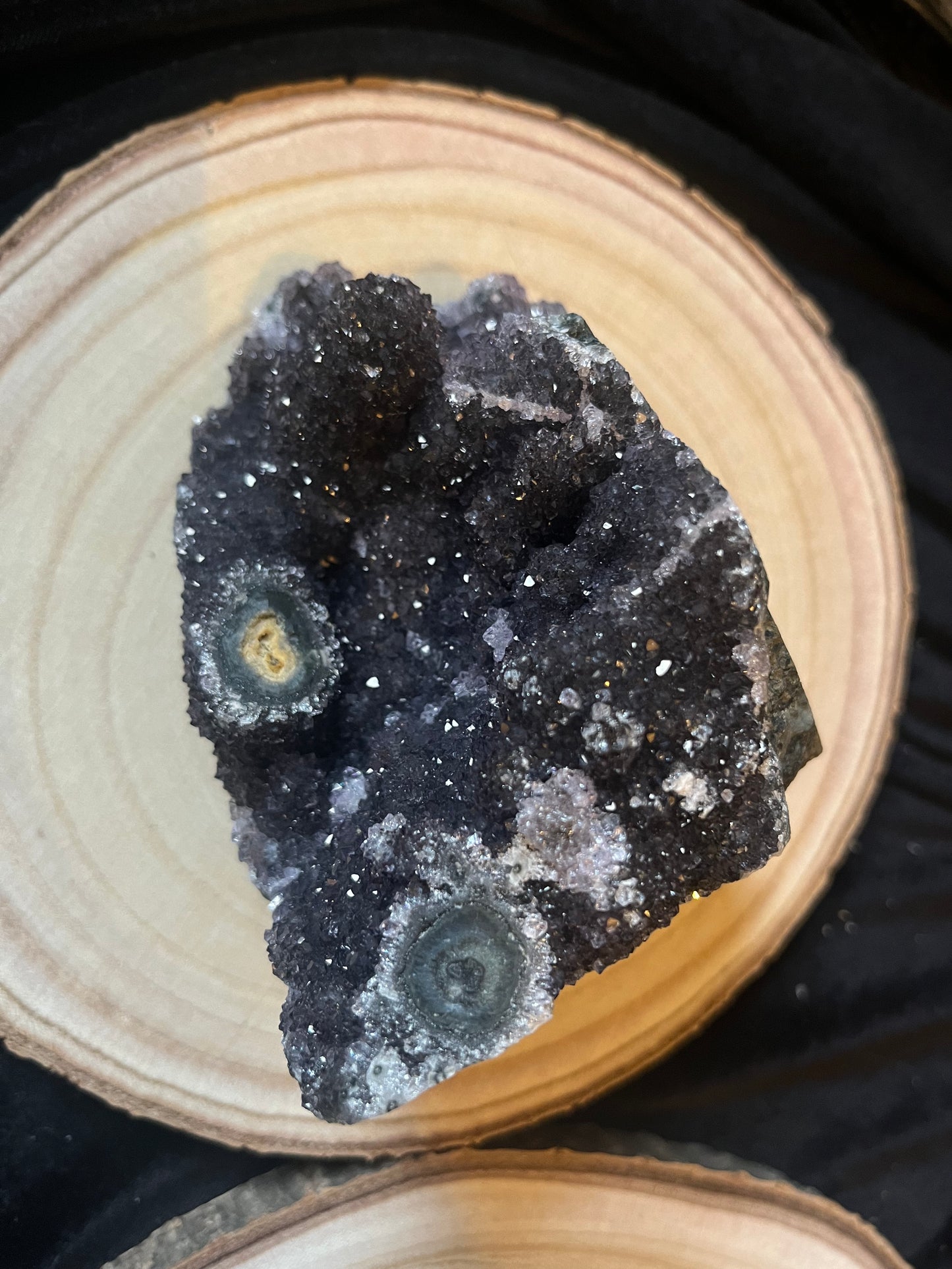 Midnight black amethyst ‘Enchanted’ cluster with stalactites. 1.2kg.