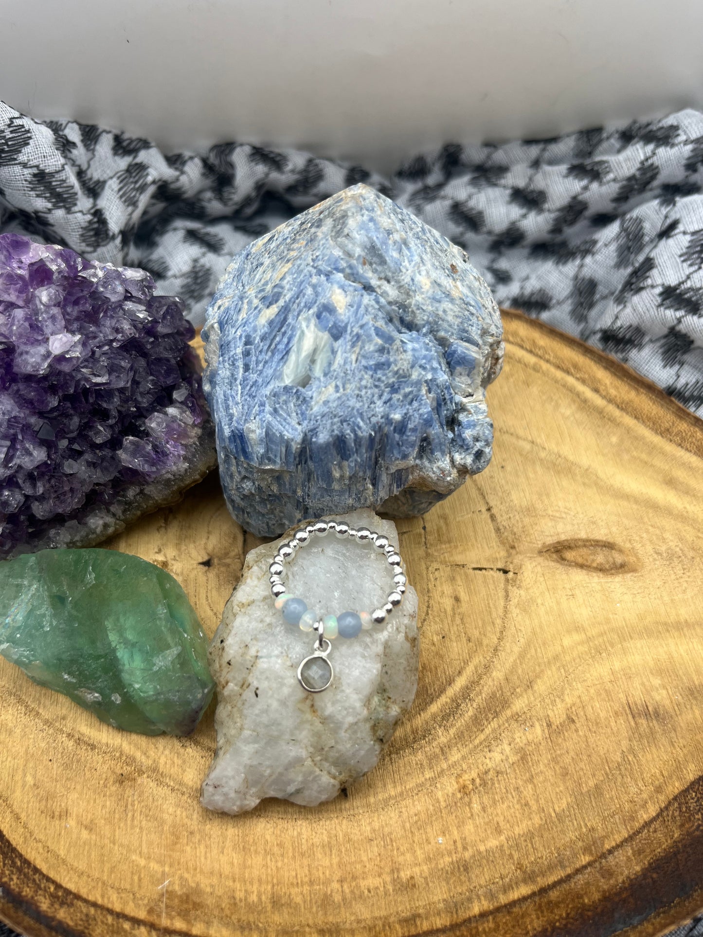 Angelite, Opal and Labradorite charm. Sterling silver stretch ring.