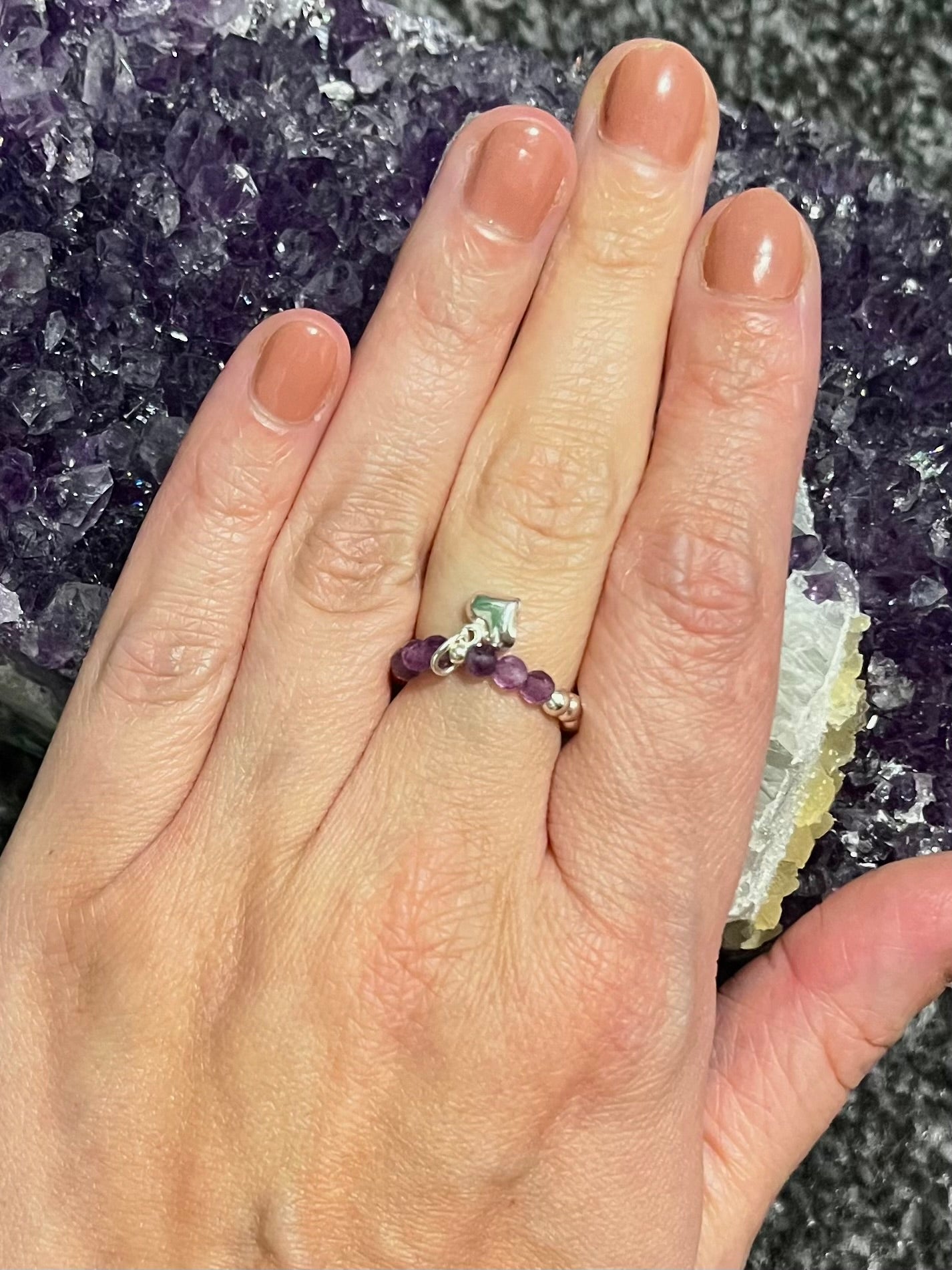 Crystal Dreams - Amethyst Ring stack. Sterling Silver handmade stretchy rings.