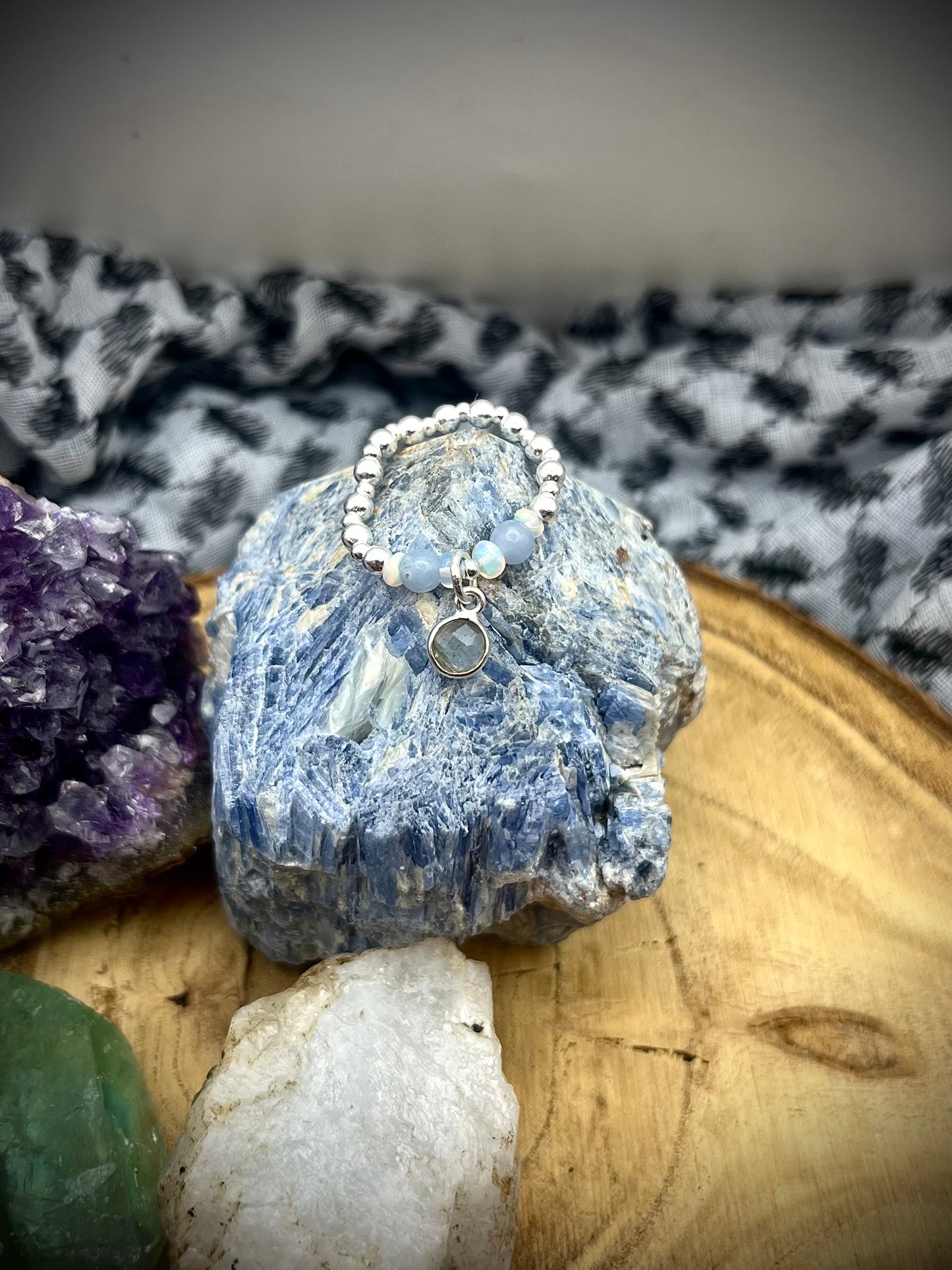 Angelite, Opal and Labradorite charm. Sterling silver stretch ring.
