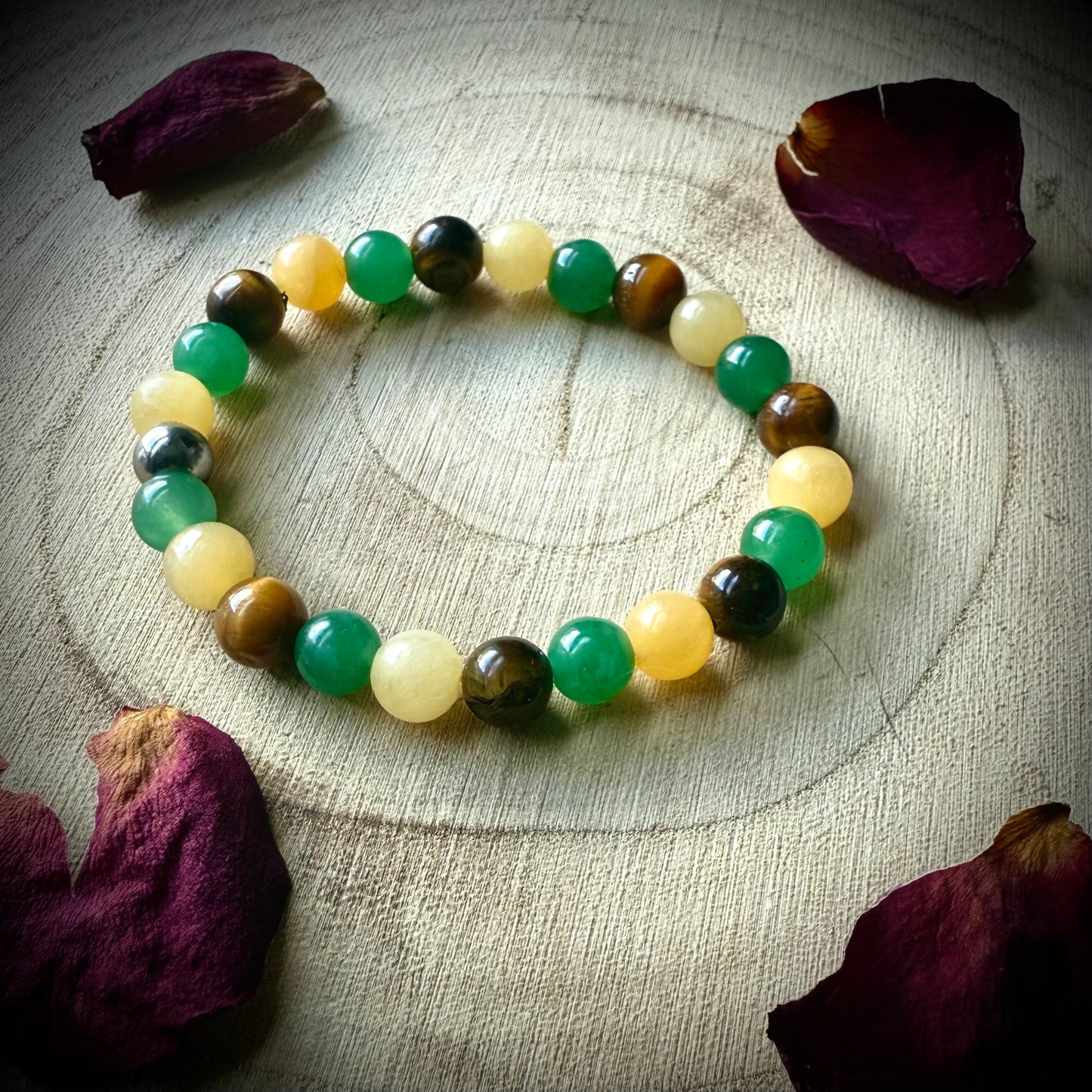 Handmade crystal bracelet for Manifestation, abundance and luck. Tigers eye, green aventurine and honey Jade. 8mm.