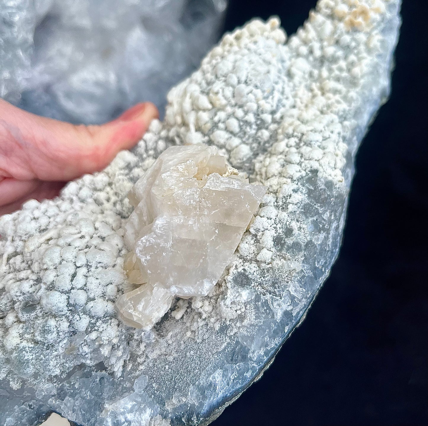 ‘Life Purpose’ grey and snowy amethyst with big piece of calcite - collectors grade. 770g