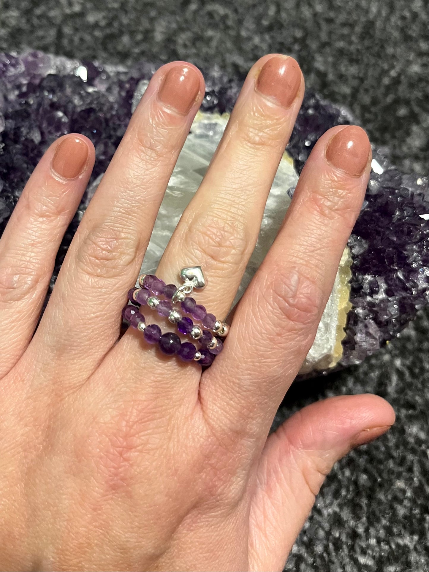 Crystal Dreams - Faceted 4mm Amethyst and Sterling Silver handmade stretchy ring.