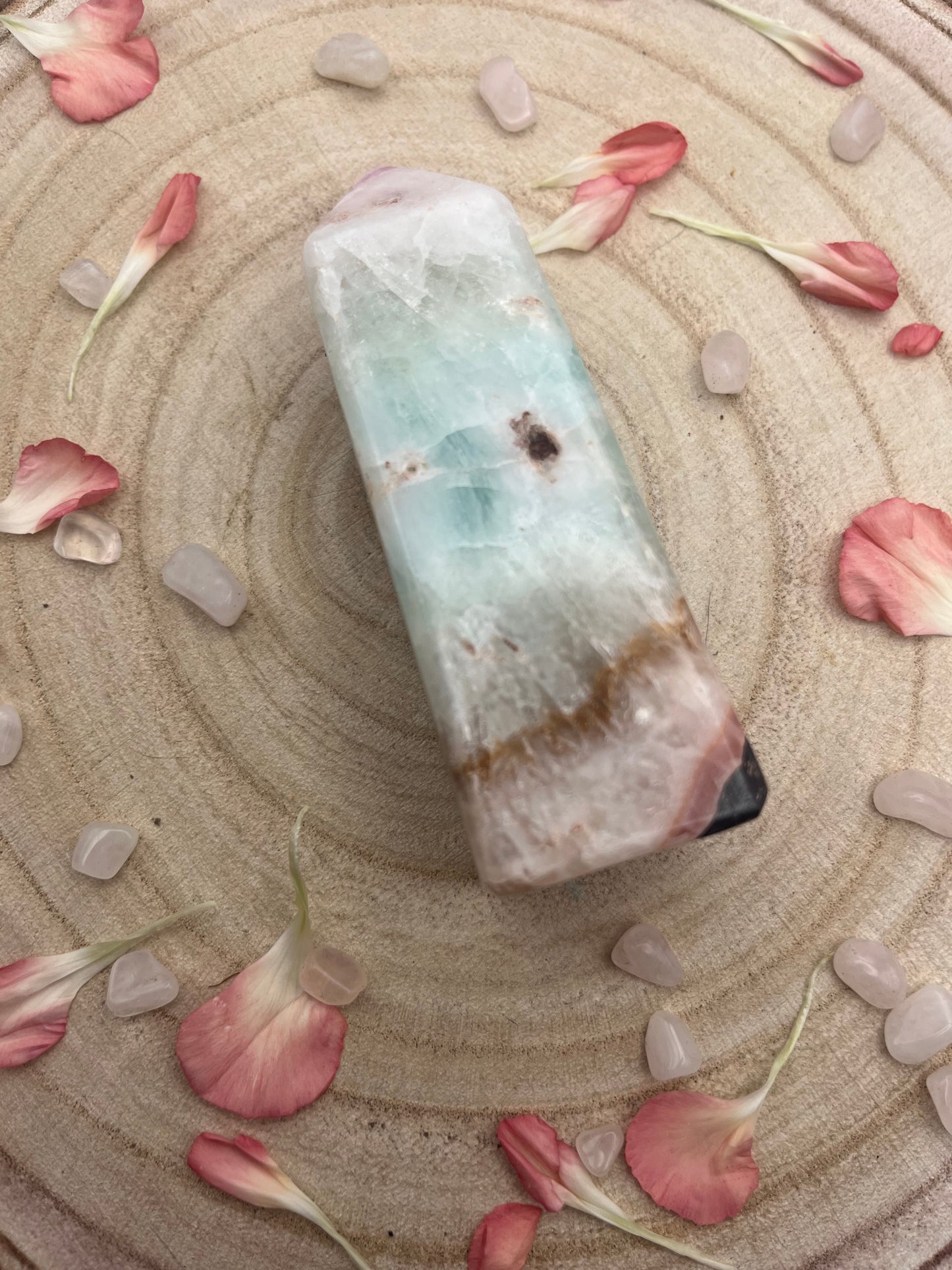 Pink aragonite and pistacio calcite tower.