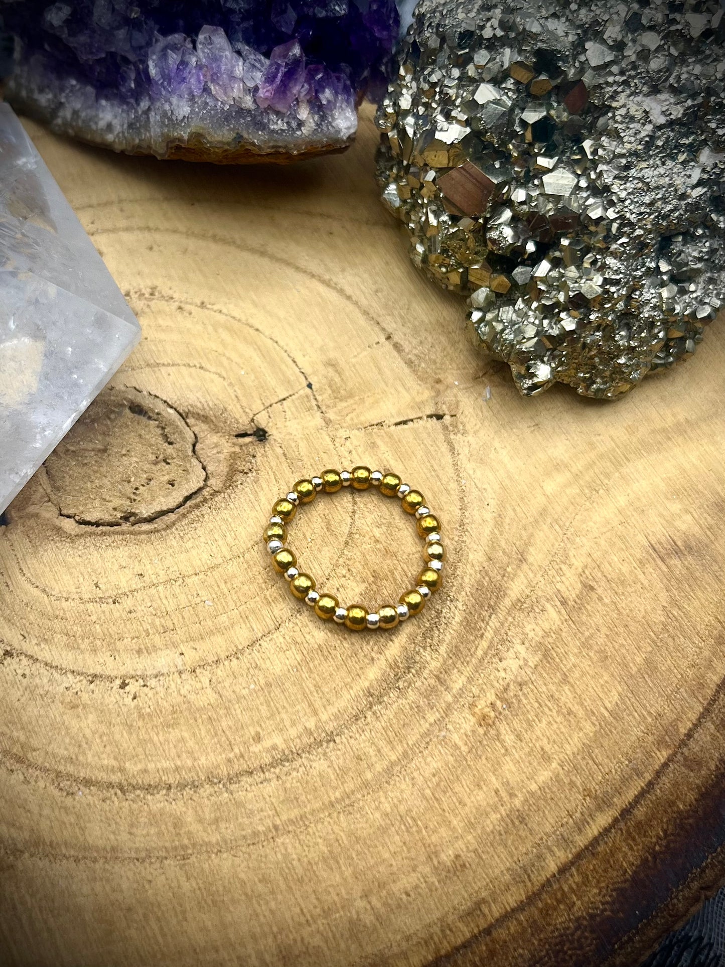 Gold Vermeil and Sterling silver. One of a kind Stretch ring available in 3 sizes.