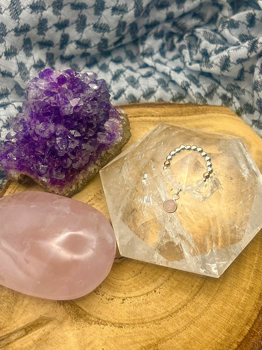 Opal and Rose Quartz with rose quartz charm. Sterling silver stretch ring with solid rose gold accents.