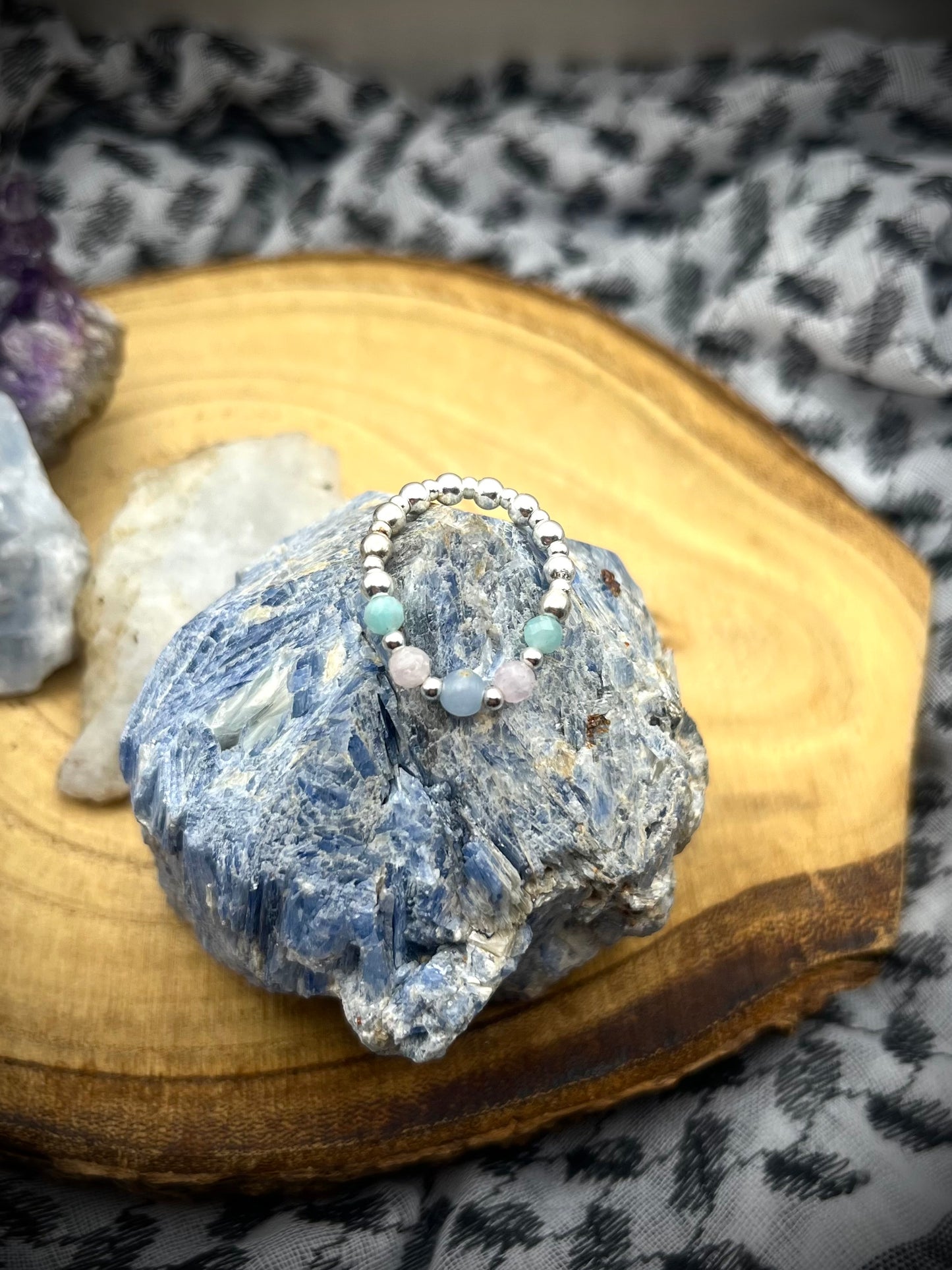 Angelite, Kunzite and Amazonite. Sterling silver stretch ring.