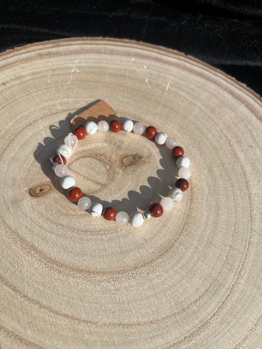 ‘For Love’ crystal healing bracelet 6mm Rose Quartz, Pink Red Jasper and Howlite. 925 sterling silver and real gemstone beads - Medium.