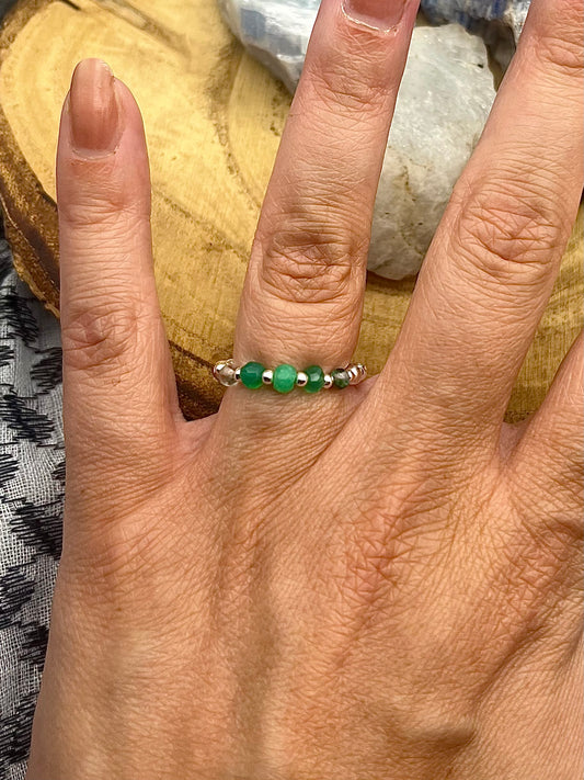 Green onyx, Chrysoprase and Moss Agate with gold plated silver and sterling silver. Stretchy Ring available in small, medium and large.