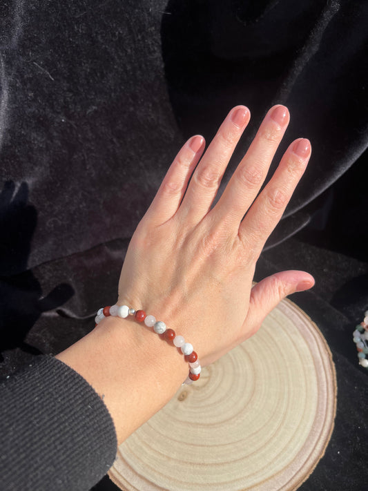 ‘For Love’ crystal healing bracelet 6mm Rose Quartz, Pink Red Jasper and Howlite. 925 sterling silver and real gemstone beads - Medium.