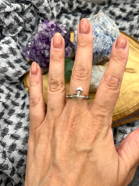 Fluorite, Smoky Quartz, Moss Agate. Sterling silver stretch ring with heart charm.