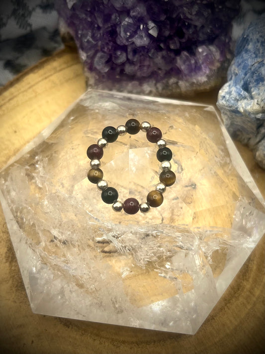 Garnet, Tigers Eye abs Black Obsidian with Sterling Silver handmade stretch stacking ring. Protection and Root Chakra energy.