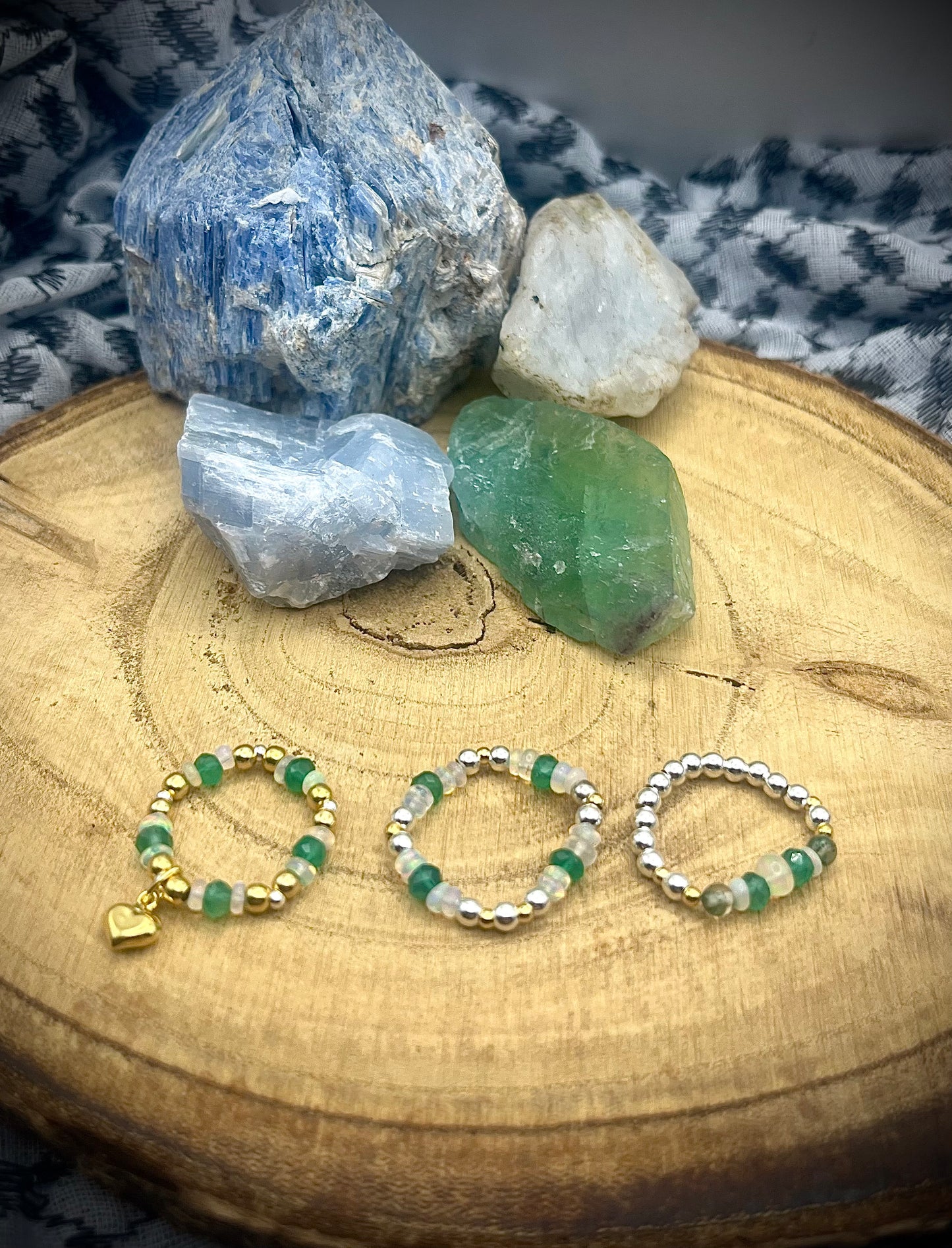 Green onyx, Opal and Moss Agate with gold plated silver and sterling silver. Stretchy Ring available in small, medium and large.