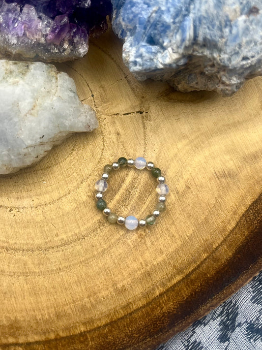 Opalite and Moss Agate with sterling silver. Stretchy Ring available in small, medium and large.