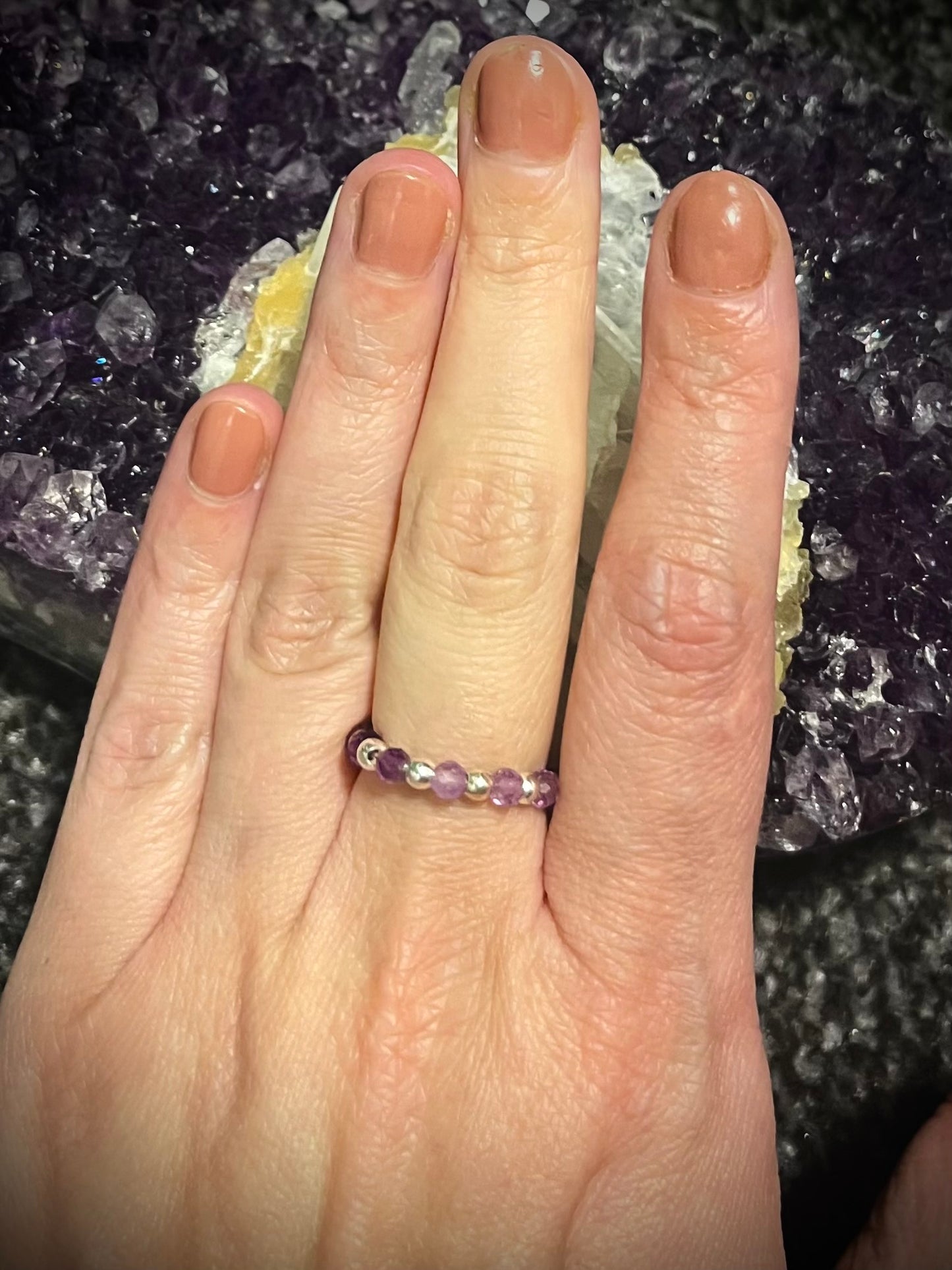 Crystal Dreams - Amethyst Ring stack. Sterling Silver handmade stretchy rings.
