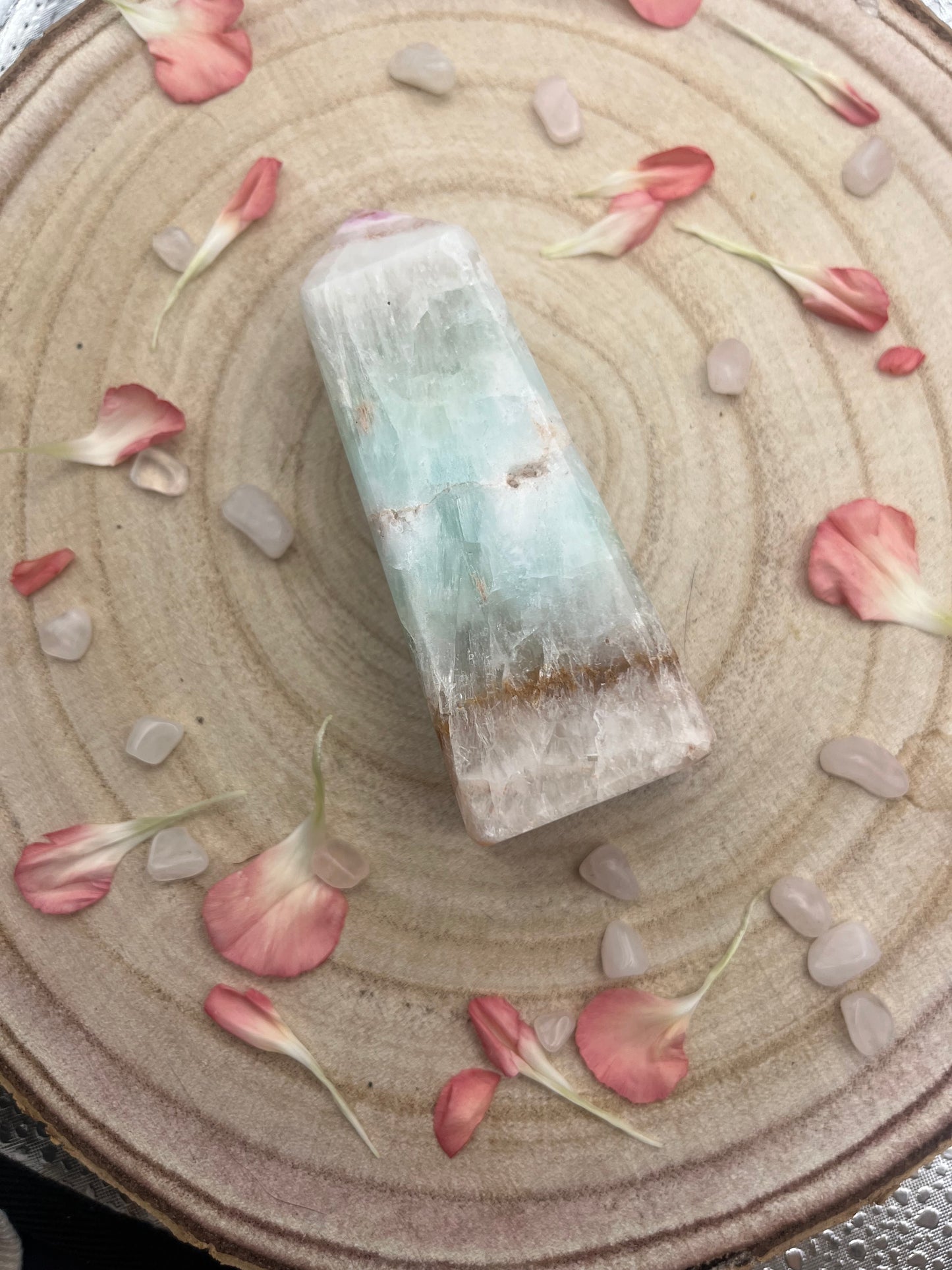 Pink aragonite and pistacio calcite tower.