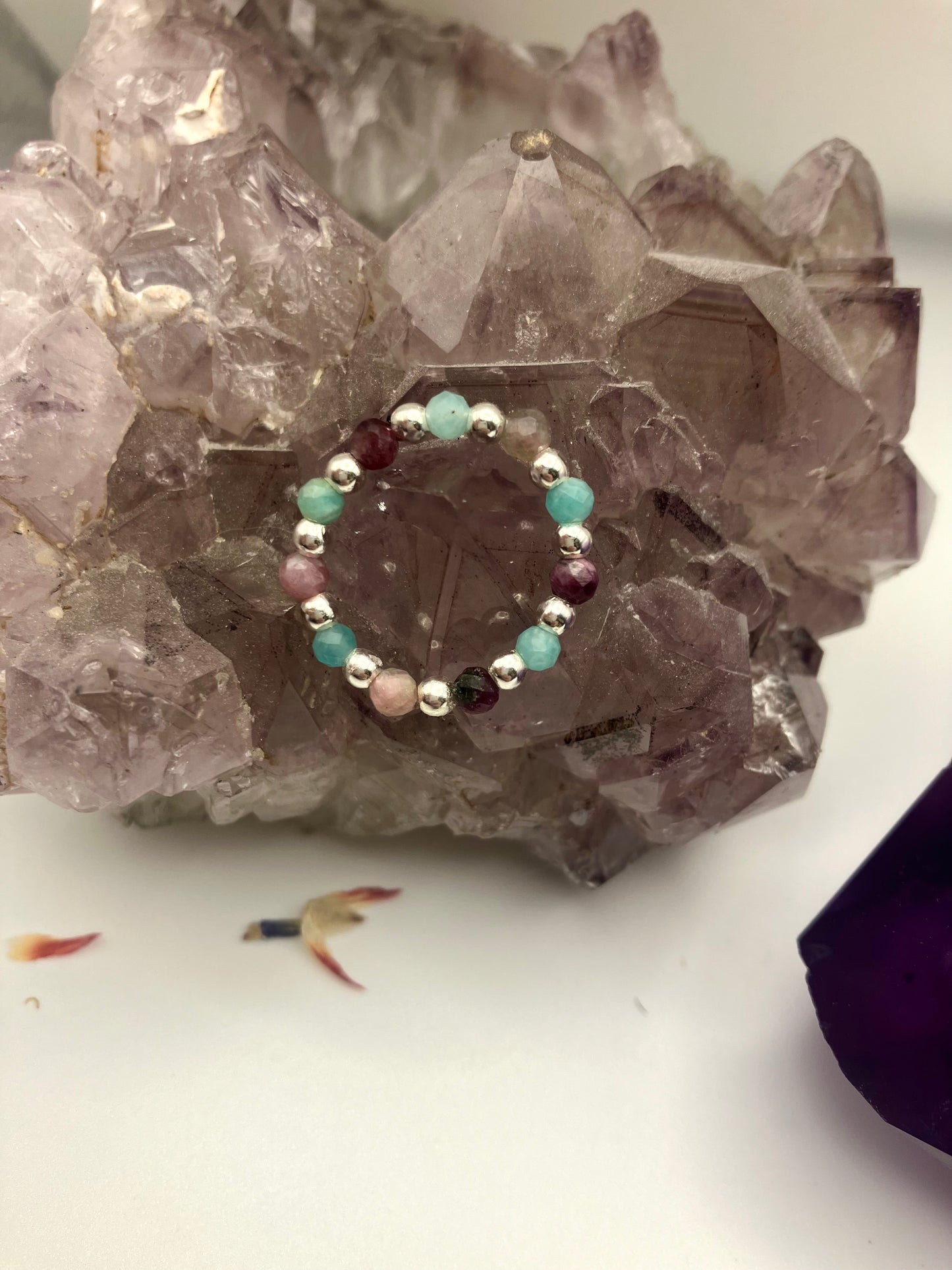 Pink Tournaline and Amazonite. Sterling silver stretch ring.