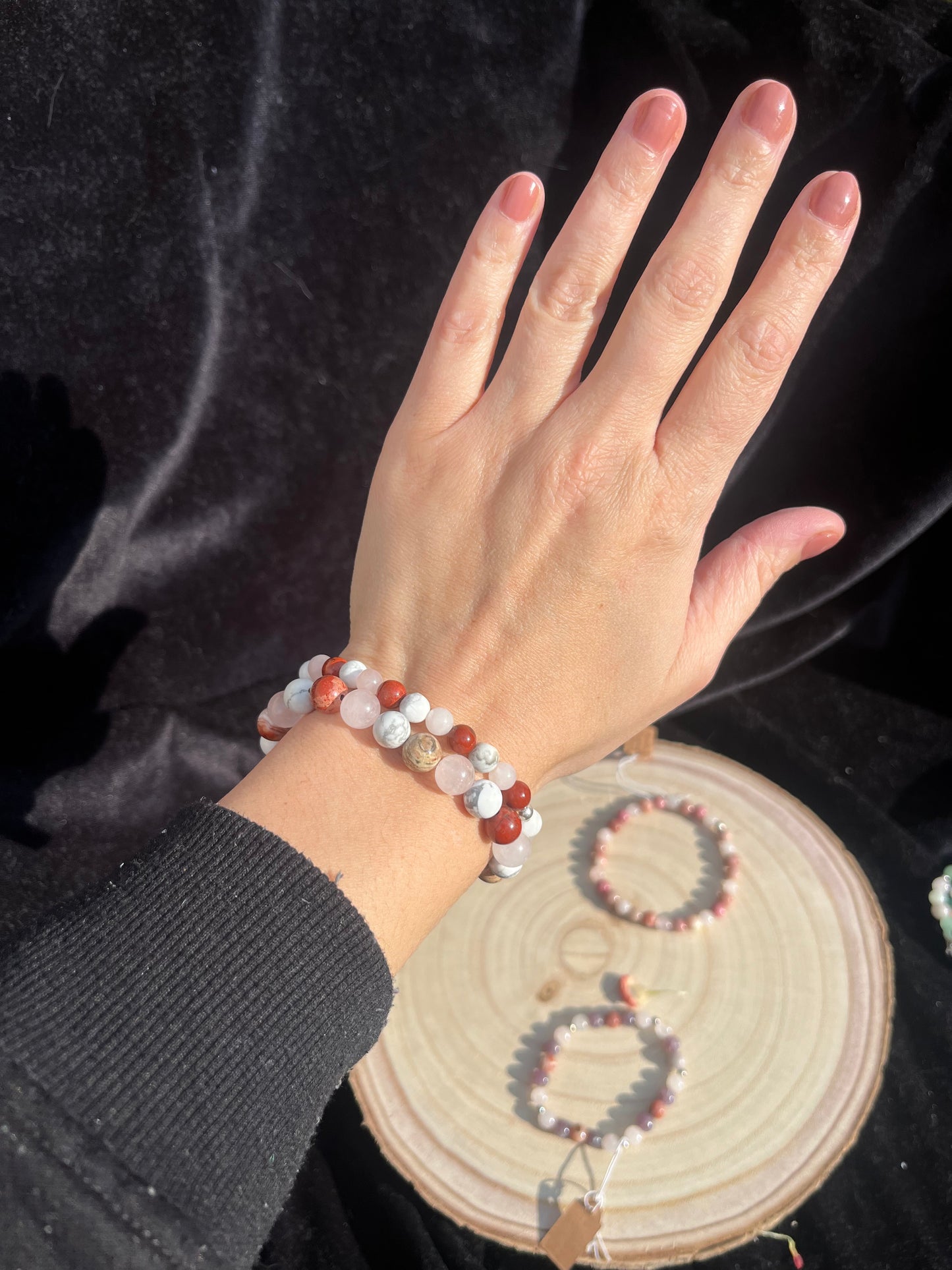 ‘For Love’ crystal healing bracelet 6mm Rose Quartz, Pink Red Jasper and Howlite. 925 sterling silver and real gemstone beads - Medium.