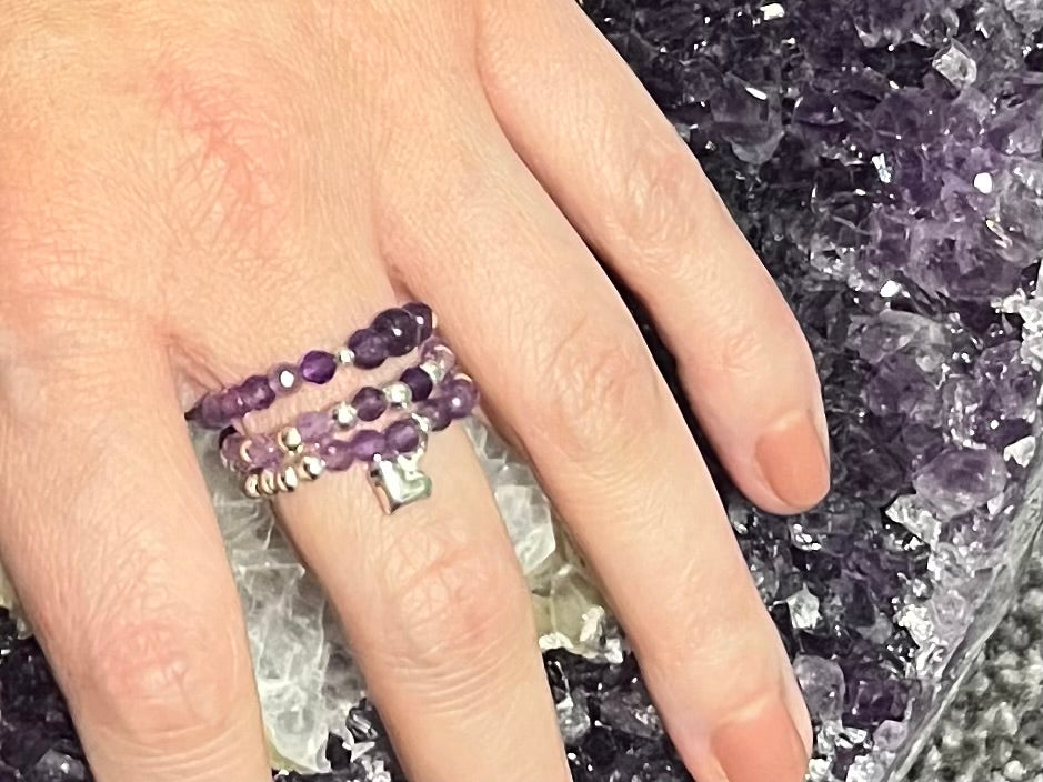 Crystal Dreams - Faceted 4mm Amethyst and Sterling Silver handmade stretchy ring.