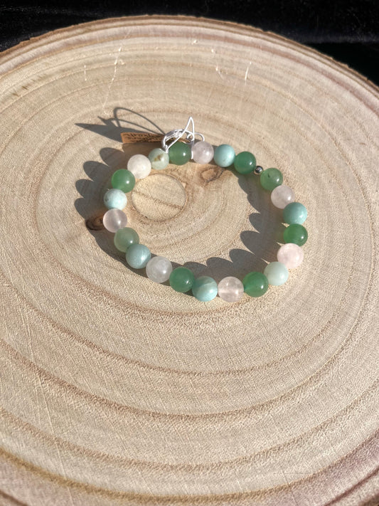 Heart chakra 8mm bracelet. Amazonite, Rose Quartz, Green Aventurine. 925 sterling silver and real gemstone beads - Small - Medium.