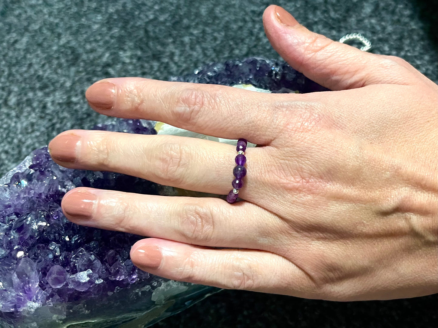 Crystal Dreams - Faceted 4mm Amethyst and Sterling Silver handmade stretchy ring.