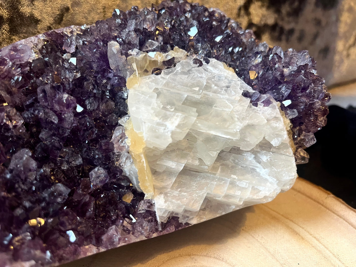 Large Midnight amethyst cluster bed with chunk of calcite - ‘Midnight Magic’. 2.3 kg