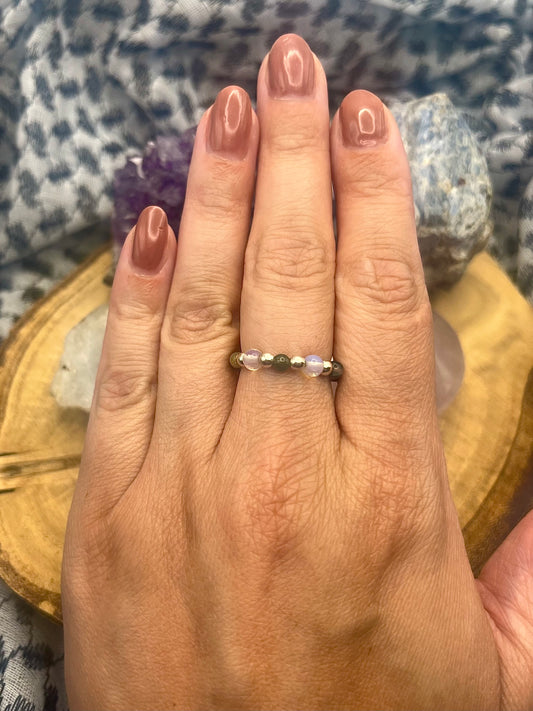 Opalite and Moss Agate with sterling silver. Stretchy Ring available in small, medium and large.