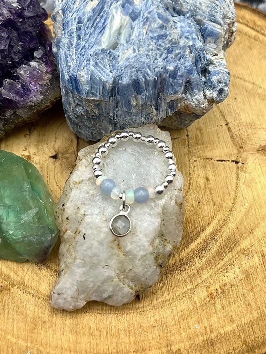 Angelite, Opal and Labradorite charm. Sterling silver stretch ring.