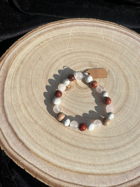 ‘For Love’ crystal healing bracelet 8mm Rose Quartz, Pink Red Jasper and Howlite. 925 sterling silver and real gemstone beads - Medium.