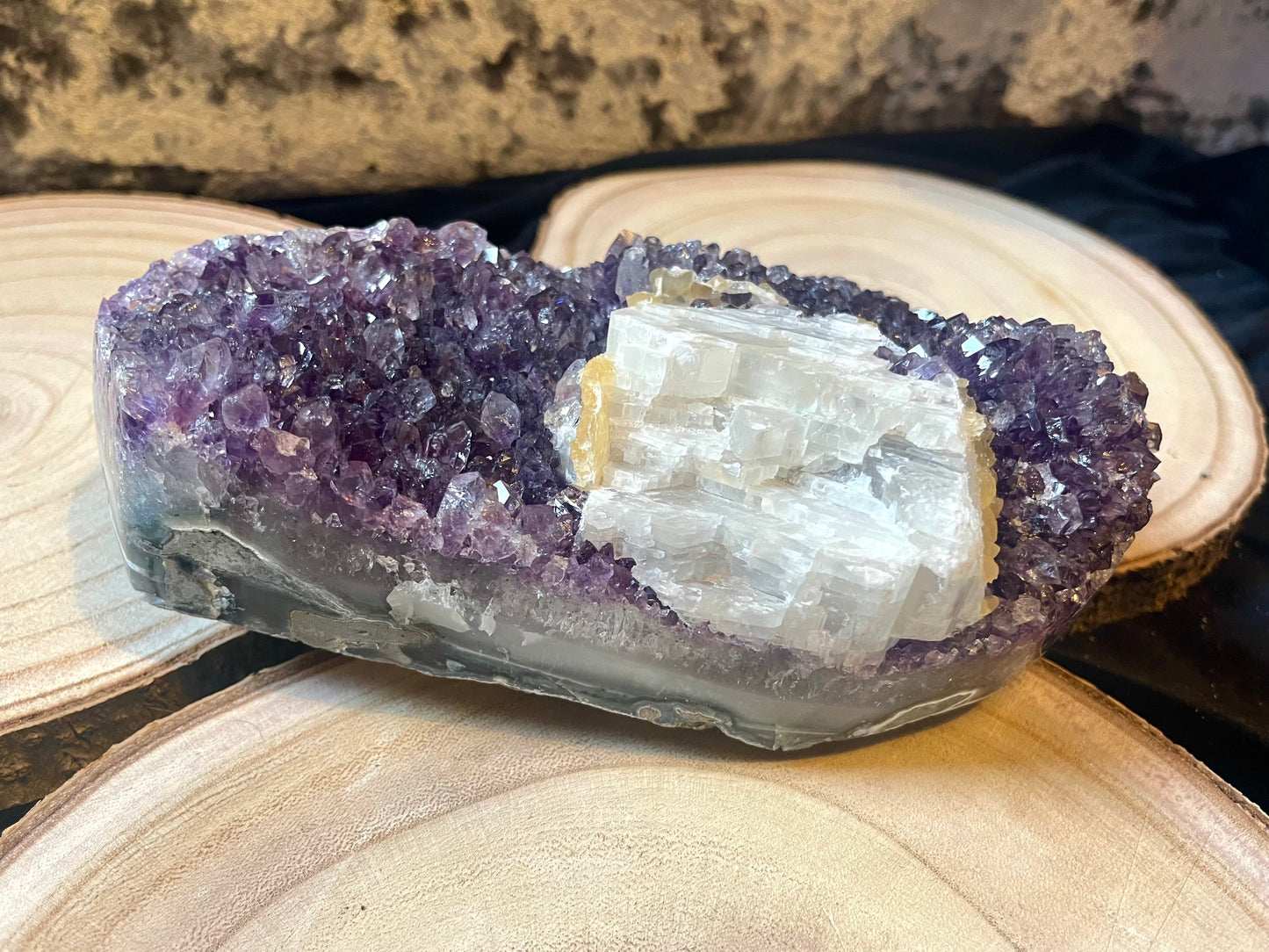 Large Midnight amethyst cluster bed with chunk of calcite - ‘Midnight Magic’. 2.3 kg