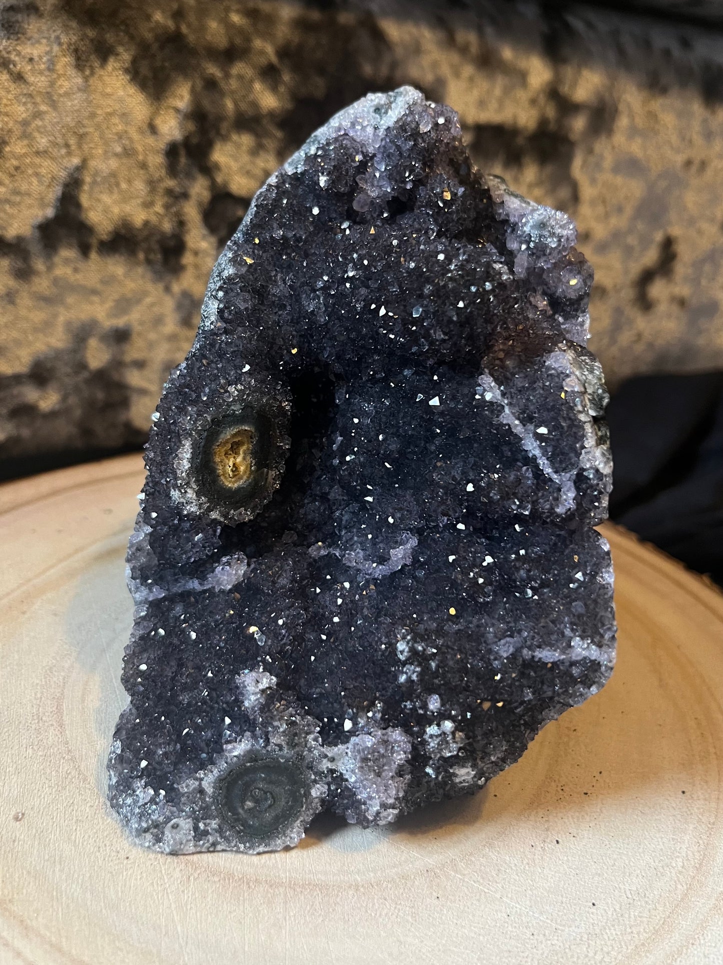 Midnight black amethyst ‘Enchanted’ cluster with stalactites. 1.2kg.