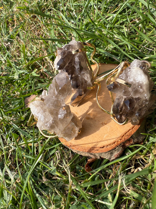 Smokey Quartz Cluster ring for depression, anxiety and protection. Silver / Gold Plated Adjustable Ring.