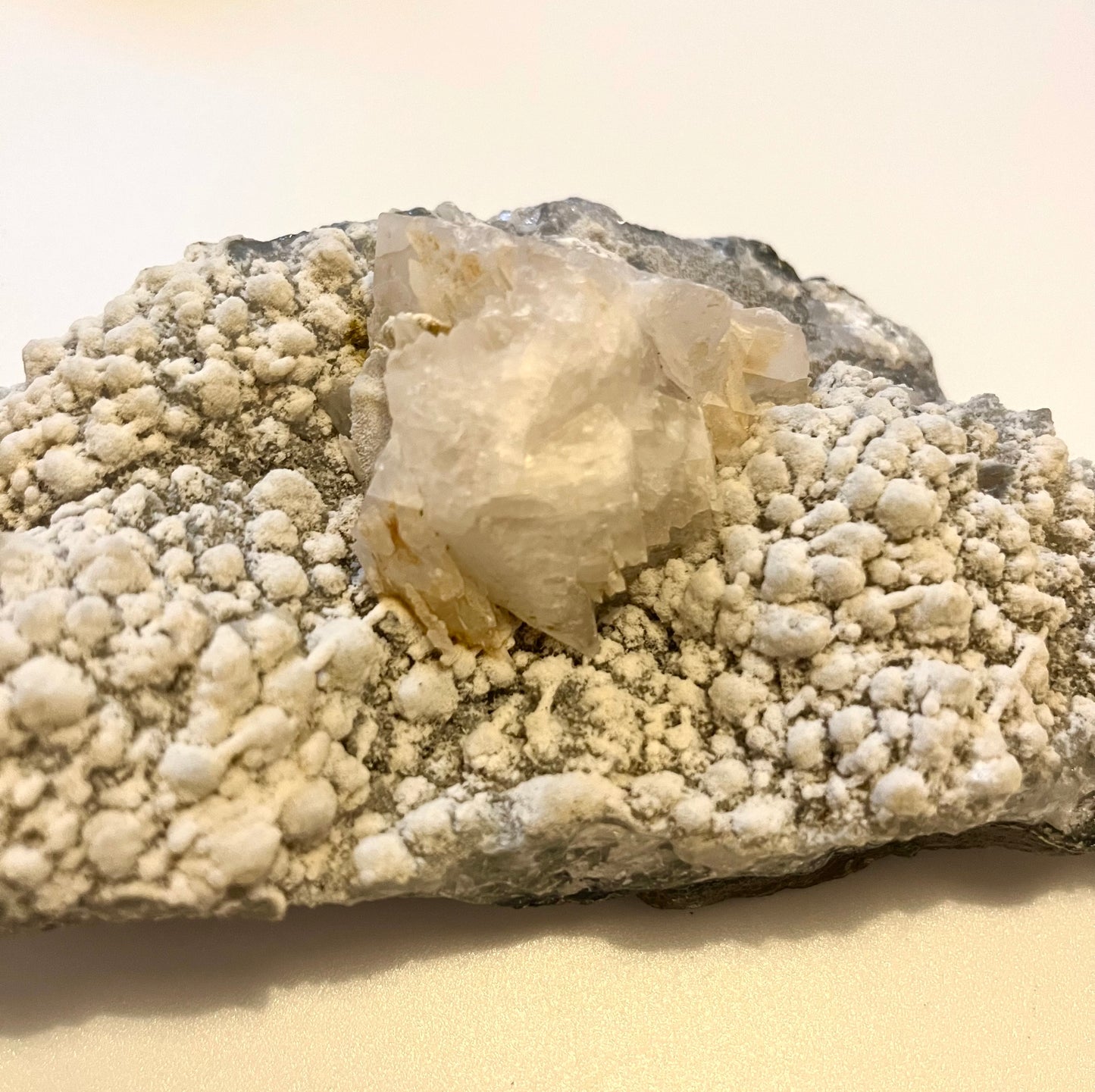 ‘Life Purpose’ grey and snowy amethyst with big piece of calcite - collectors grade. 770g