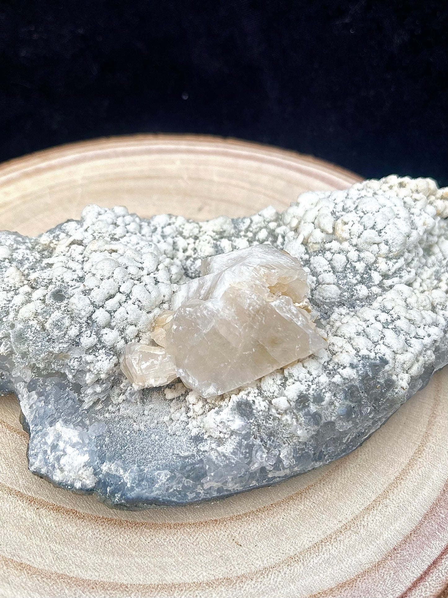 ‘Life Purpose’ grey and snowy amethyst with big piece of calcite - collectors grade. 770g