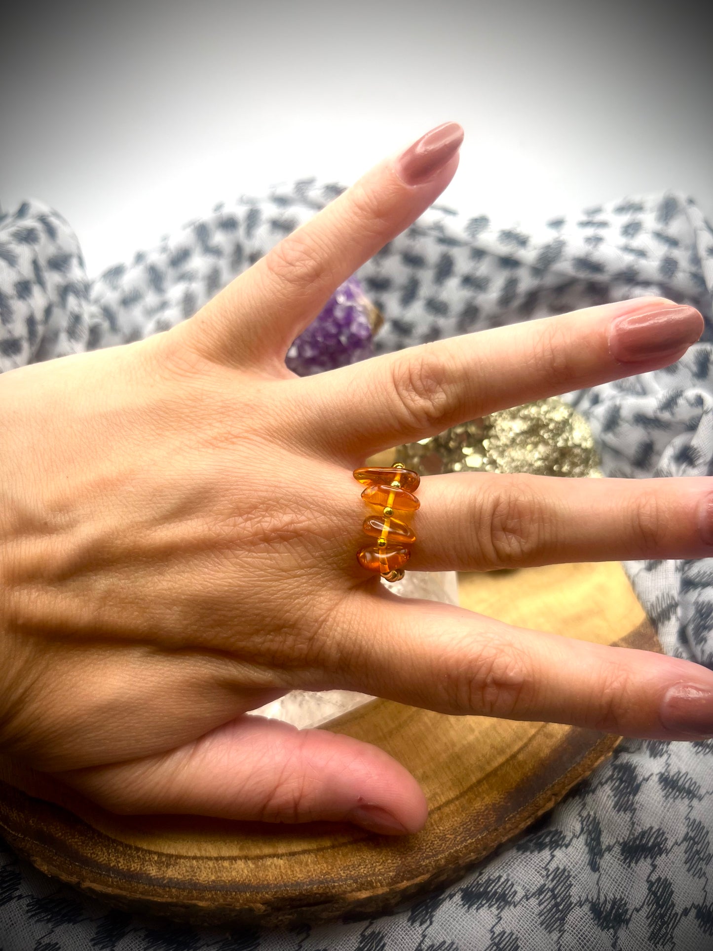 Genuine Amber with Gold Vermeil. One of a kind Stretch ring available in 3 sizes.