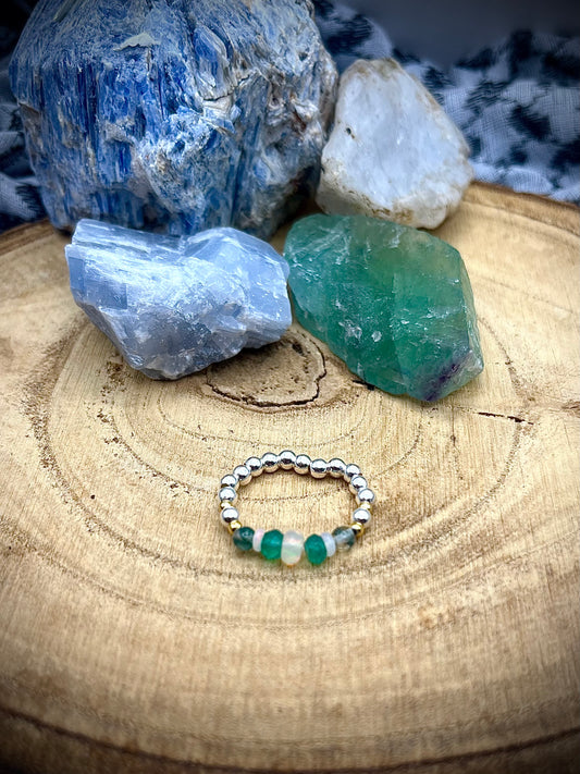 Green onyx, Opal and Moss Agate with gold plated silver and sterling silver. Stretchy Ring available in small, medium and large.