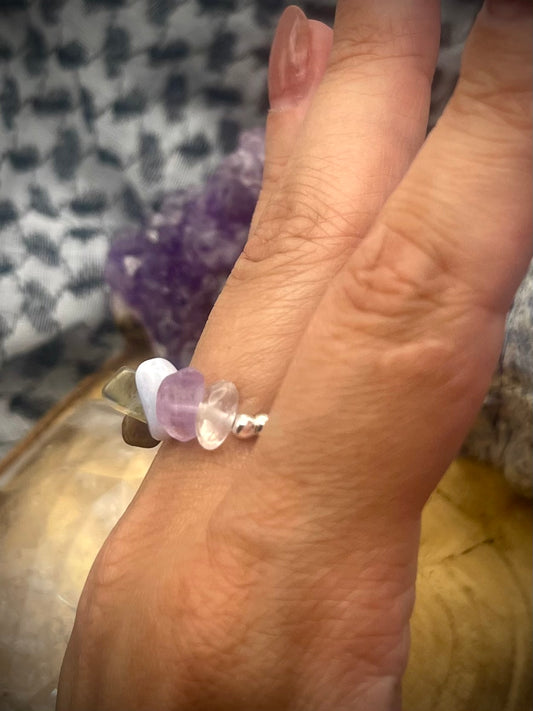 Sterling silver Chakra statement ring - black onyx, tigers eye, se, citrine, fluorite, blue lace agate, amethyst and clear Quartz.