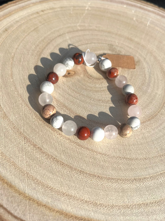 ‘For Love’ crystal healing bracelet 8mm Rose Quartz, Pink Red Jasper and Howlite. 925 sterling silver and real gemstone beads - Medium.