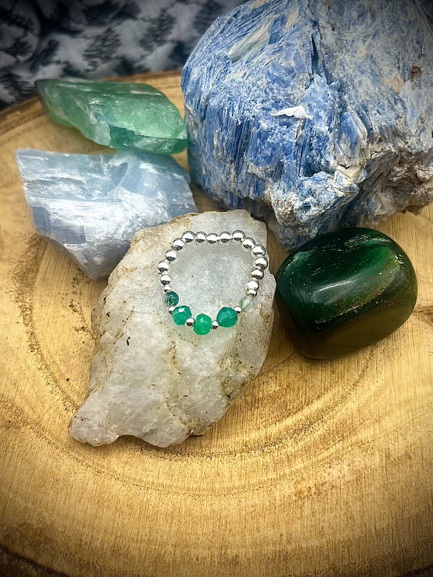 Green onyx, Chrysoprase and Moss Agate with gold plated silver and sterling silver. Stretchy Ring available in small, medium and large.