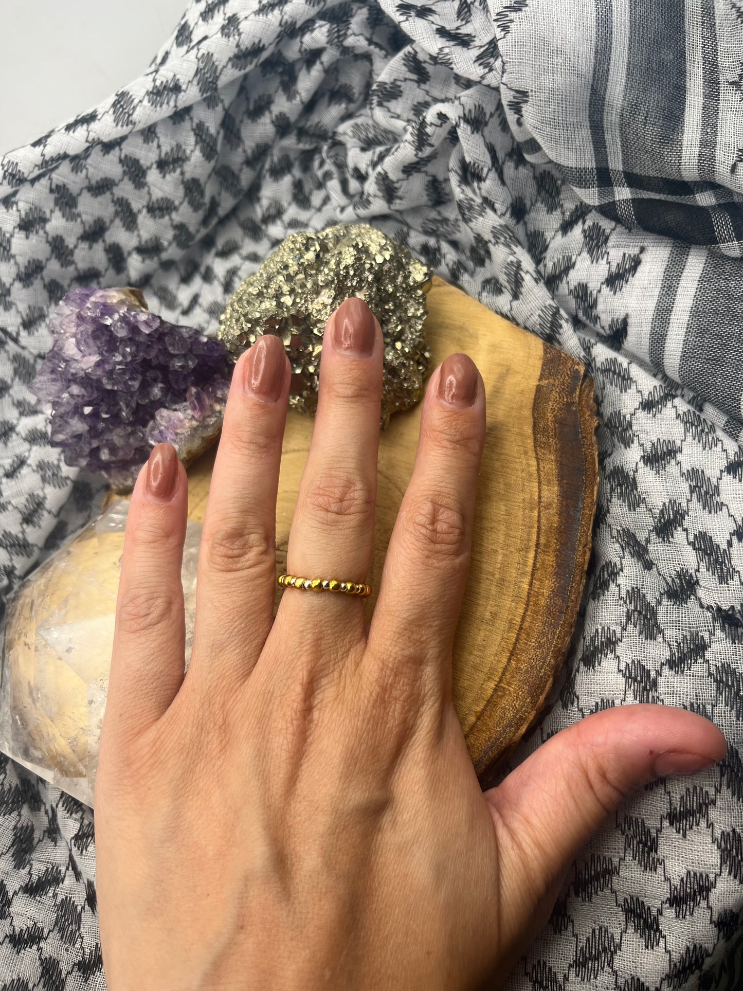 Gold Vermeil and Sterling silver. One of a kind Stretch ring available in 3 sizes.