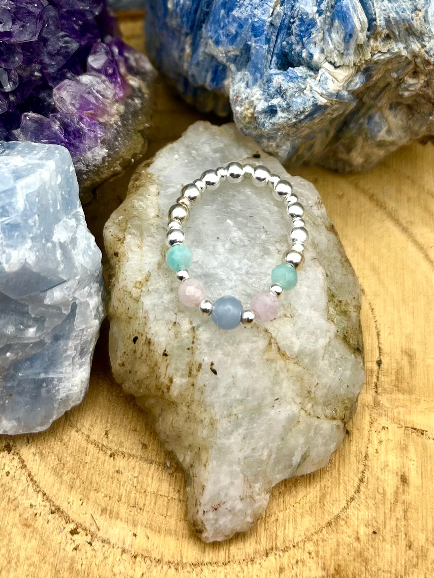 Angelite, Kunzite and Amazonite. Sterling silver stretch ring.