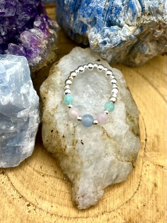 Angelite, Kunzite and Amazonite. Sterling silver stretch ring.