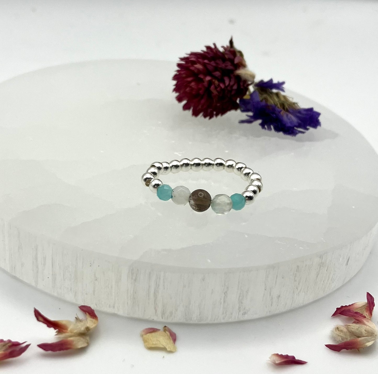 Smoky quartz and Amazonite. Sterling Silver handmade stretch stacking ring.