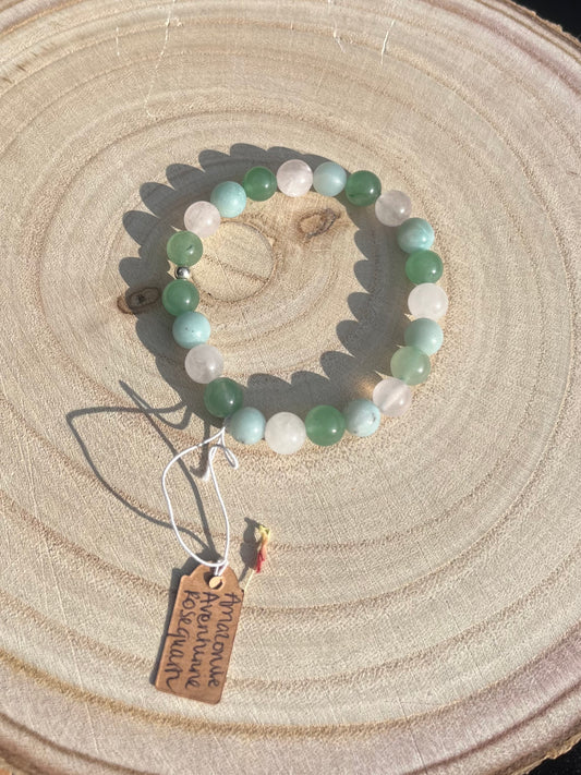 Heart chakra 8mm bracelet. Amazonite, Rose Quartz, Green Aventurine. 925 sterling silver and real gemstone beads - Small - Medium.