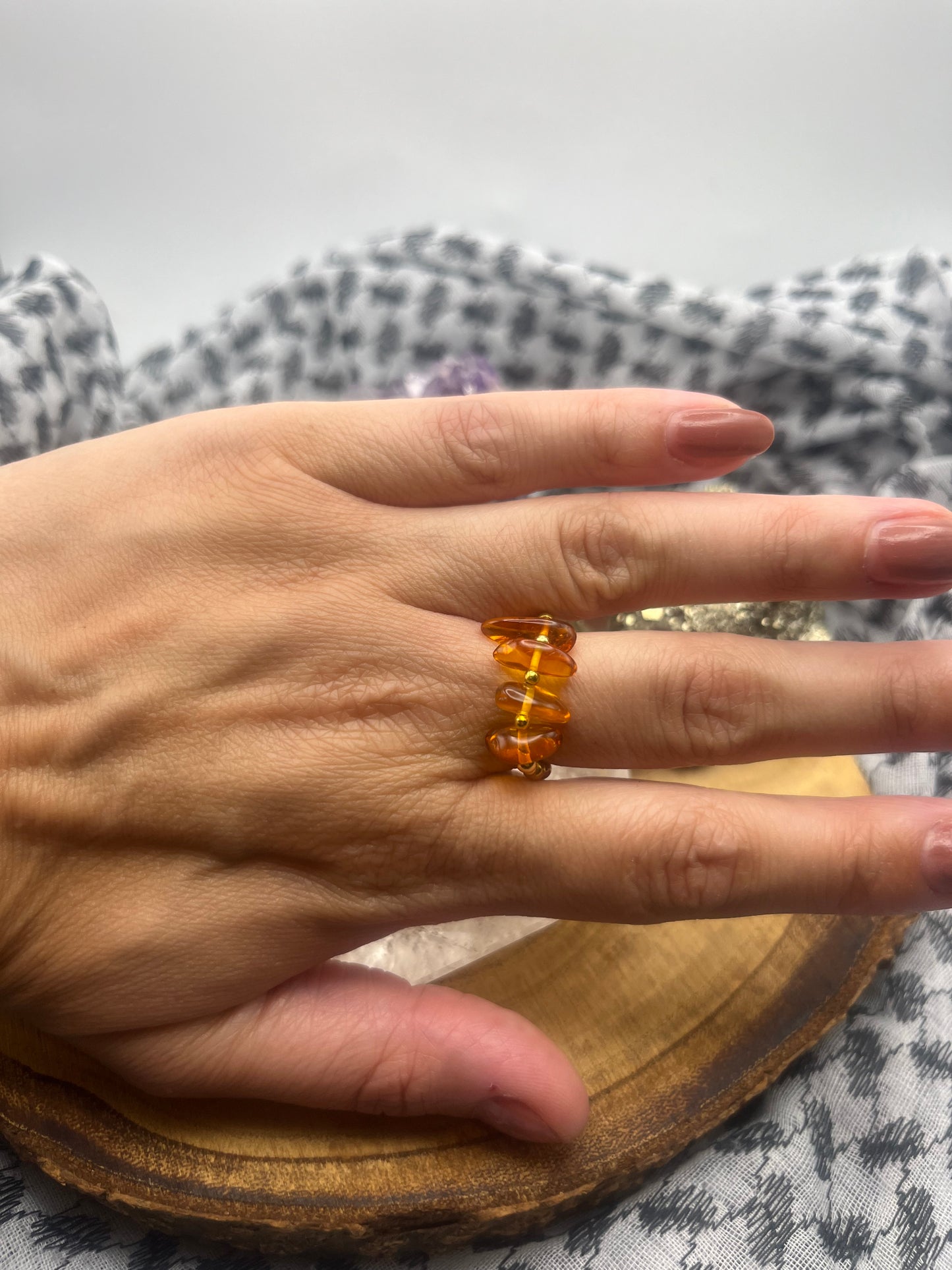 Genuine Amber with Gold Vermeil. One of a kind Stretch ring available in 3 sizes.
