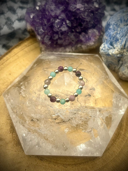 Pink Tournaline and Amazonite. Sterling silver stretch ring.