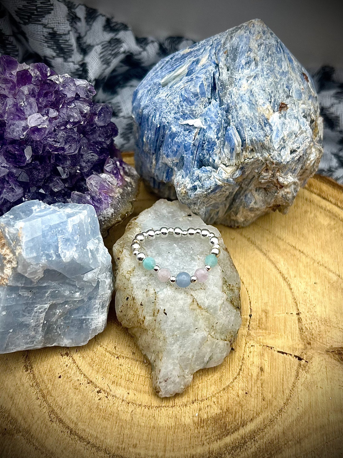 Angelite, Kunzite and Amazonite. Sterling silver stretch ring.