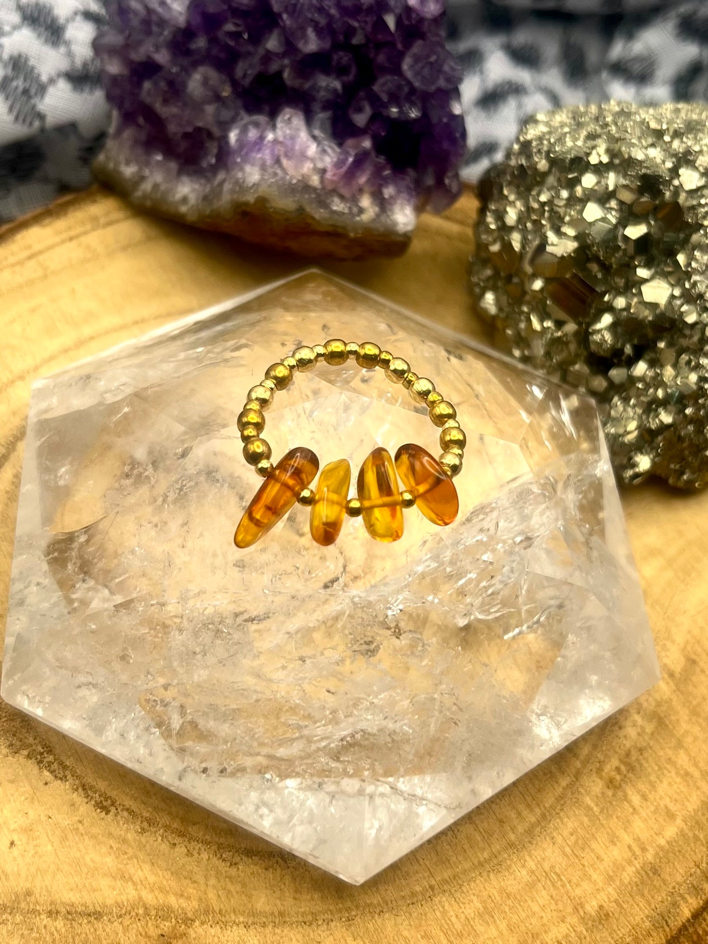 Genuine Amber with Gold Vermeil. One of a kind Stretch ring available in 3 sizes.