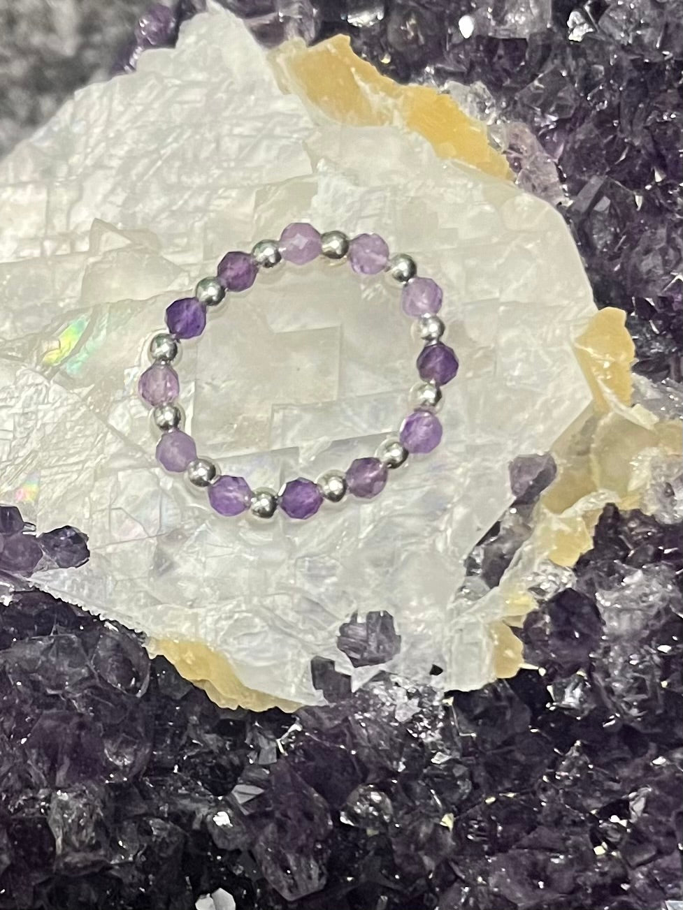 Crystal Dreams - Amethyst Ring stack. Sterling Silver handmade stretchy rings.