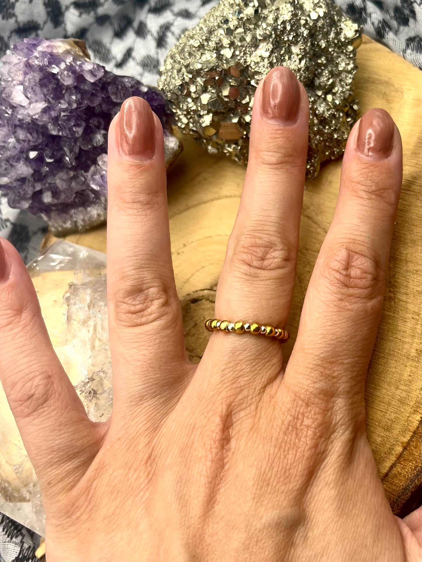Gold Vermeil and Sterling silver. One of a kind Stretch ring available in 3 sizes.